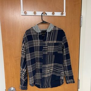 Plaid flannel with grey hood. Lightly worn